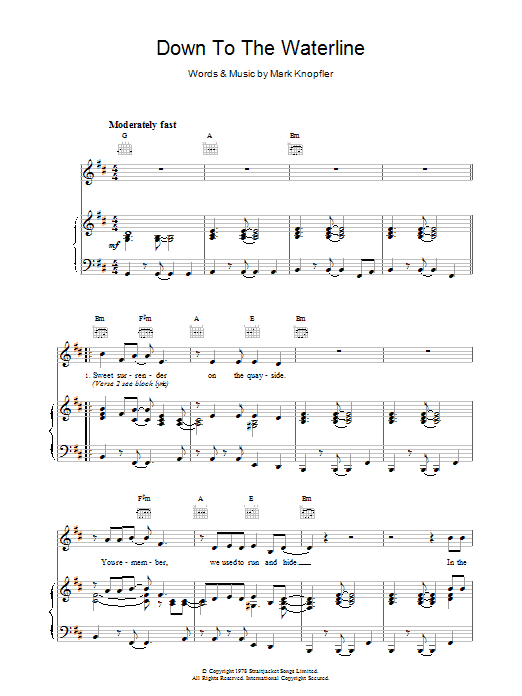 Dire Straits Down To The Waterline sheet music notes and chords arranged for Guitar Chords/Lyrics
