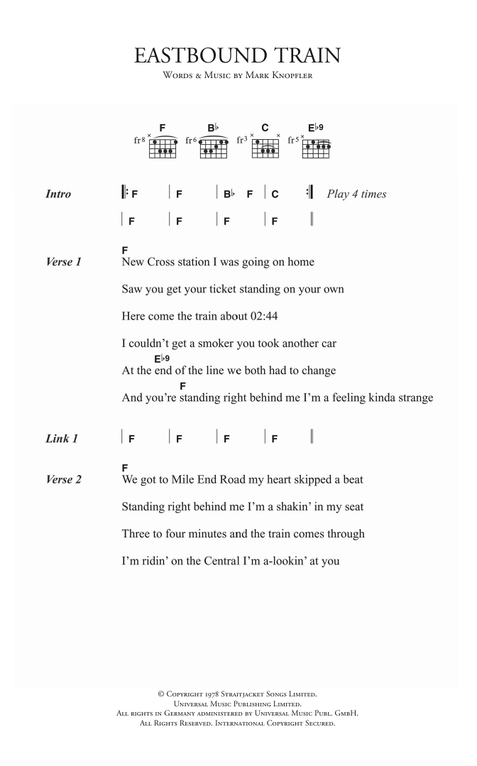 Dire Straits Eastbound Train sheet music notes and chords arranged for Guitar Chords/Lyrics