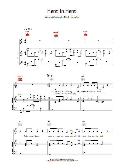 Dire Straits Hand In Hand sheet music notes and chords arranged for Piano, Vocal & Guitar Chords