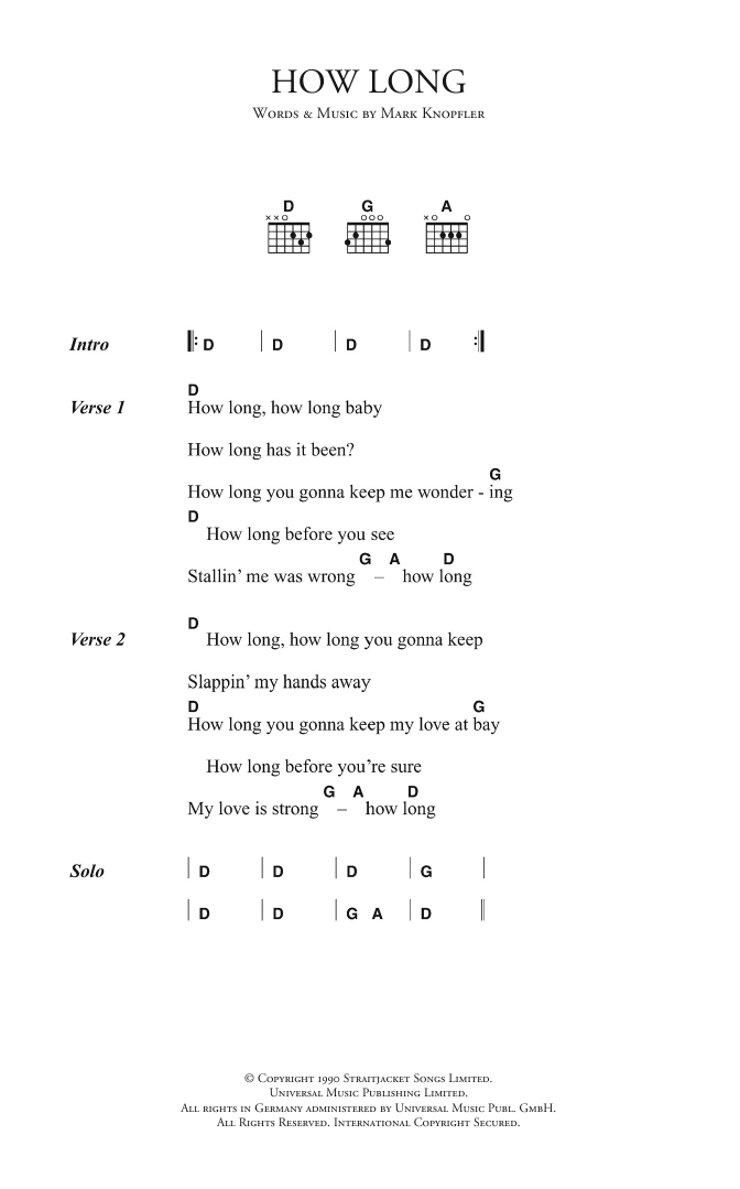 Dire Straits How Long sheet music notes and chords arranged for Guitar Chords/Lyrics