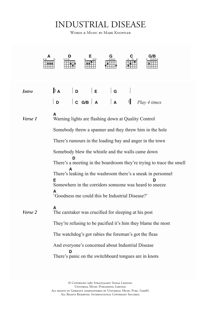 Dire Straits Industrial Disease sheet music notes and chords arranged for Guitar Chords/Lyrics