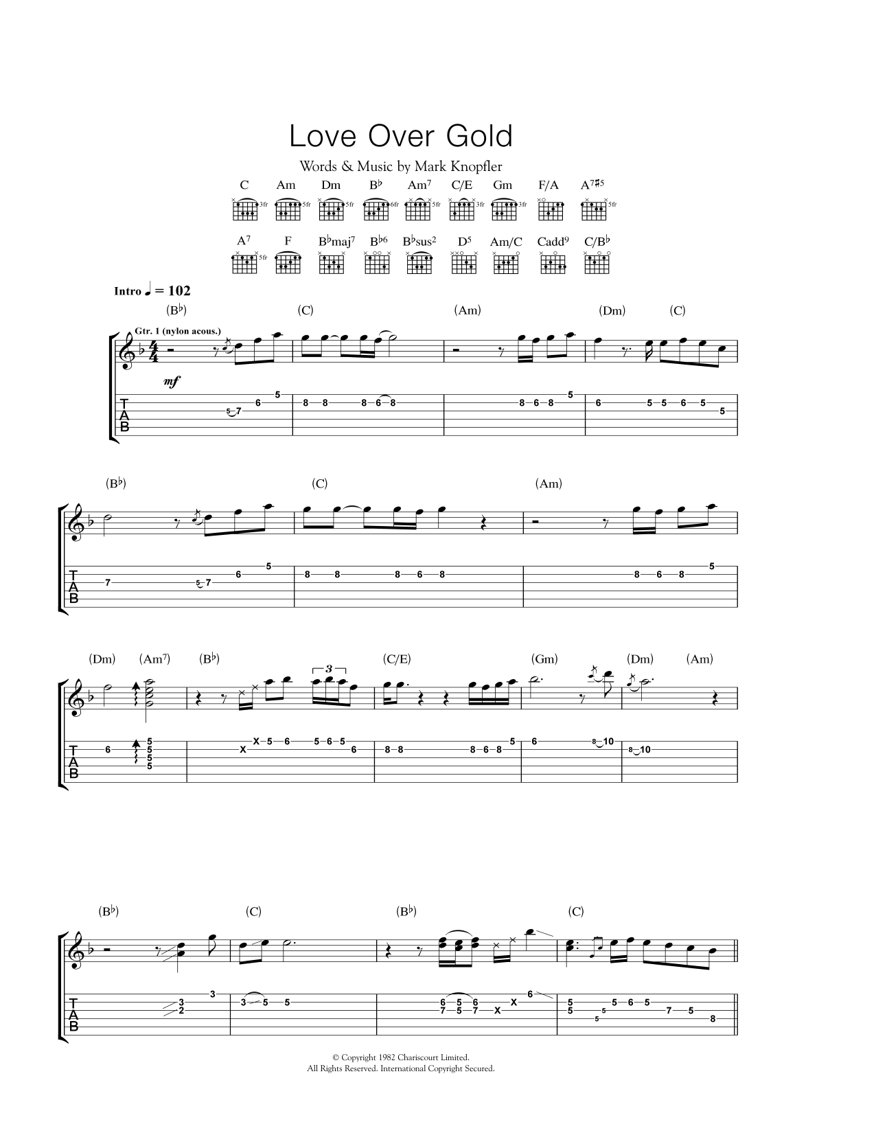 Dire Straits Love Over Gold sheet music notes and chords arranged for Guitar Chords/Lyrics