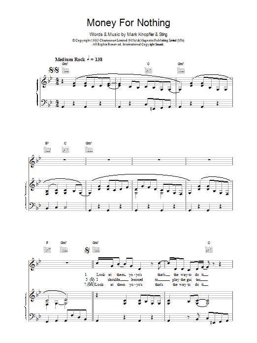 Dire Straits Money For Nothing sheet music notes and chords arranged for Piano, Vocal & Guitar Chords