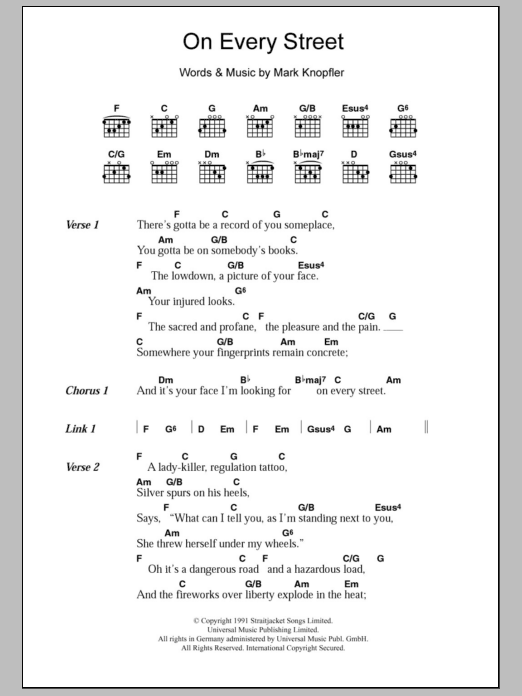 Dire Straits On Every Street sheet music notes and chords arranged for Guitar Tab
