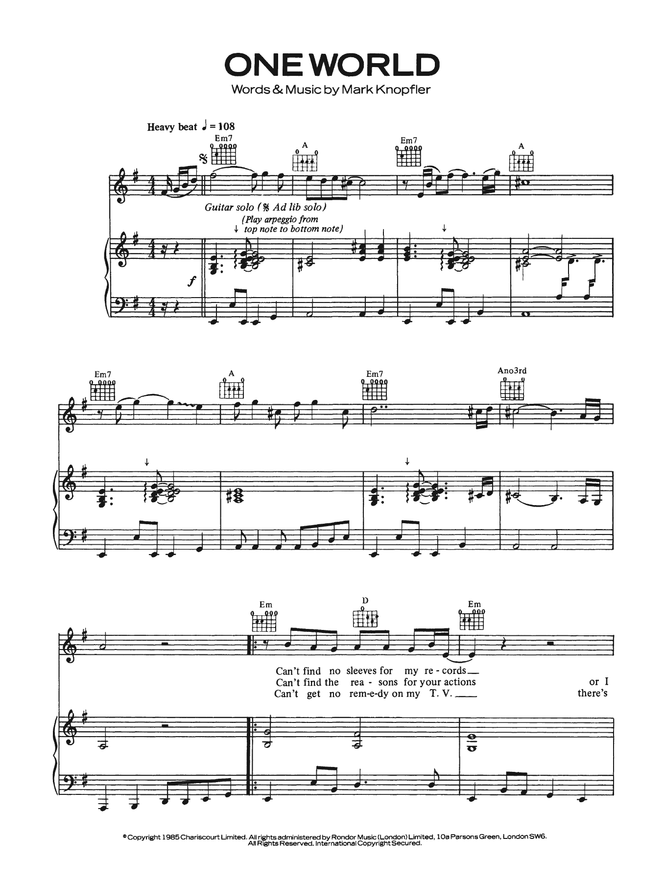 Dire Straits One World sheet music notes and chords arranged for Piano, Vocal & Guitar Chords