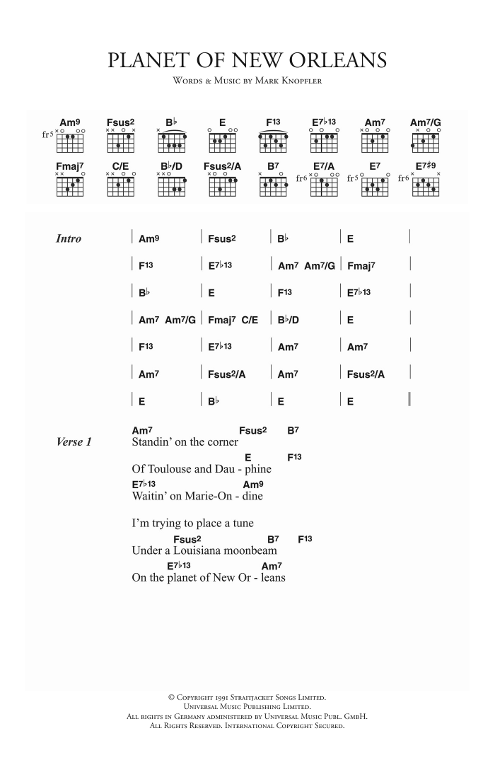 Dire Straits Planet Of New Orleans sheet music notes and chords arranged for Guitar Chords/Lyrics