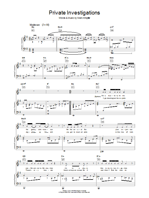 Dire Straits Private Investigations sheet music notes and chords arranged for Piano, Vocal & Guitar Chords