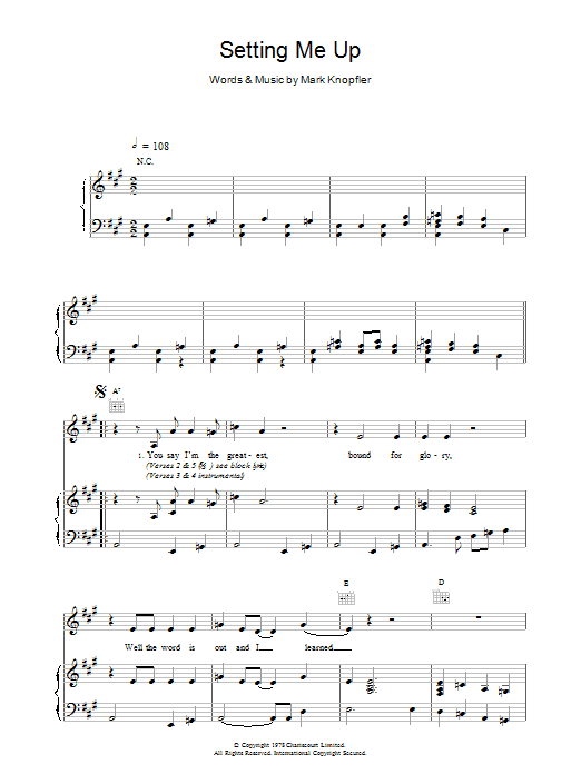 Dire Straits Setting Me Up sheet music notes and chords arranged for Piano, Vocal & Guitar Chords