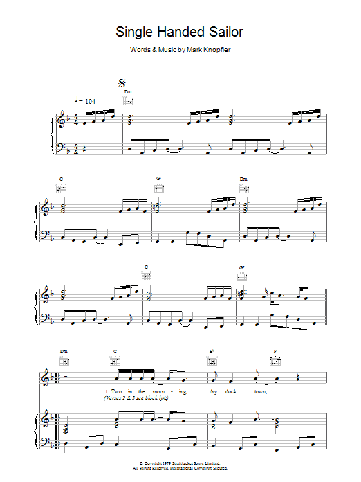 Dire Straits Single Handed Sailor sheet music notes and chords arranged for Piano, Vocal & Guitar Chords