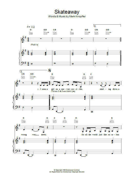 Dire Straits Skateaway sheet music notes and chords arranged for Piano, Vocal & Guitar Chords
