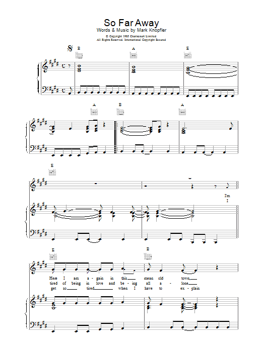 Dire Straits So Far Away sheet music notes and chords arranged for Piano, Vocal & Guitar Chords