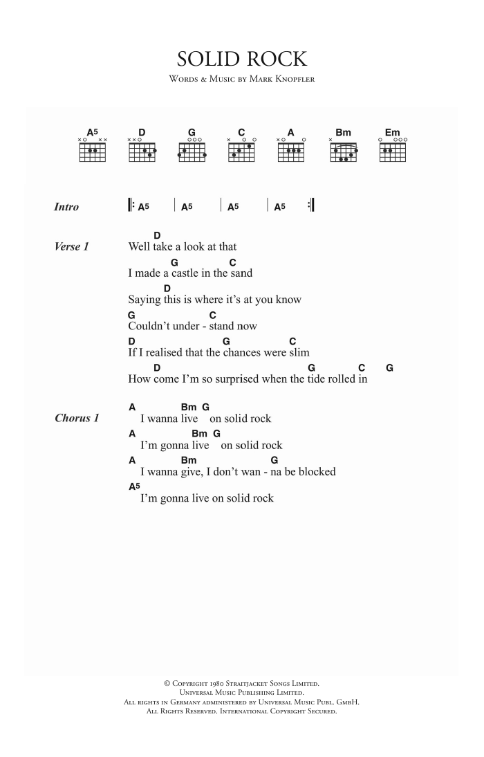 Dire Straits Solid Rock sheet music notes and chords arranged for Guitar Chords/Lyrics
