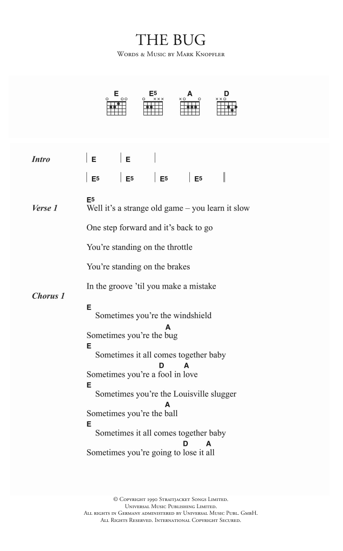Dire Straits The Bug sheet music notes and chords arranged for Guitar Chords/Lyrics