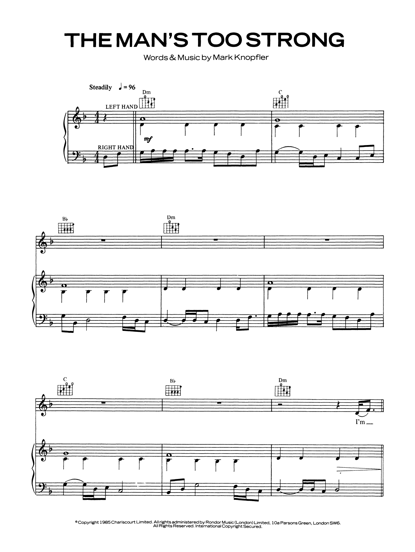 Dire Straits The Man's Too Strong sheet music notes and chords arranged for Piano, Vocal & Guitar Chords