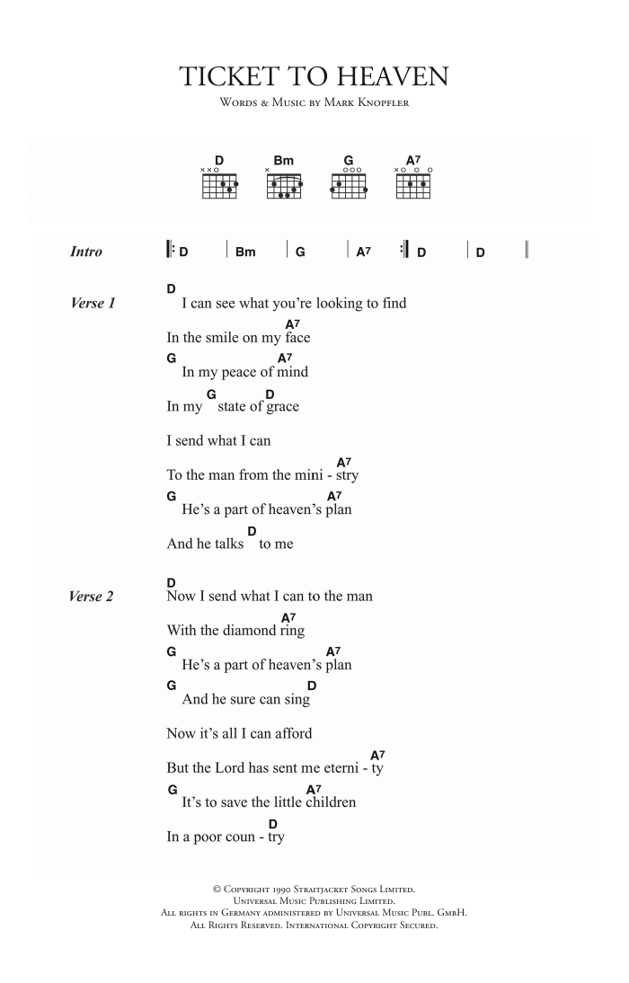 Dire Straits Ticket To Heaven sheet music notes and chords arranged for Guitar Chords/Lyrics