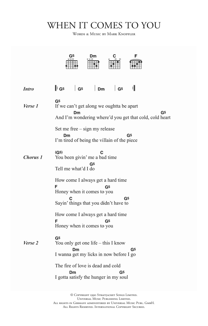 Dire Straits When It Comes To You sheet music notes and chords arranged for Guitar Chords/Lyrics