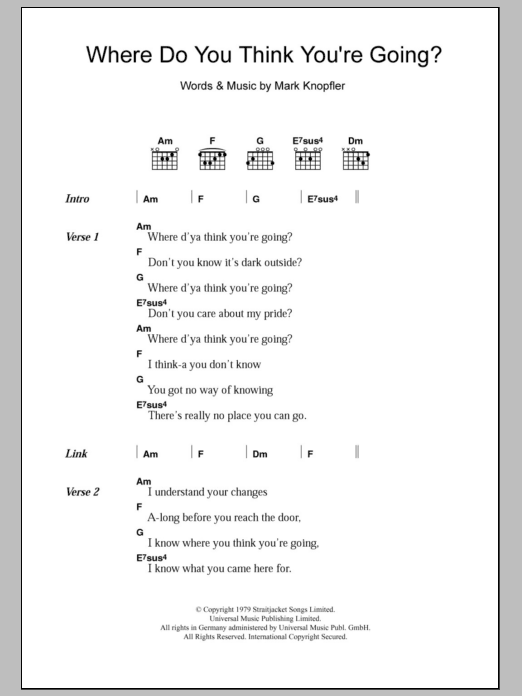 Dire Straits Where Do You Think You're Going sheet music notes and chords arranged for Guitar Chords/Lyrics