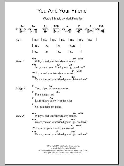 Dire Straits You And Your Friend sheet music notes and chords arranged for Guitar Chords/Lyrics