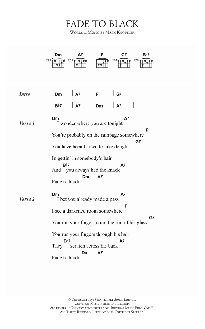 Dire Straits Fade To Black sheet music notes and chords arranged for Guitar Chords/Lyrics