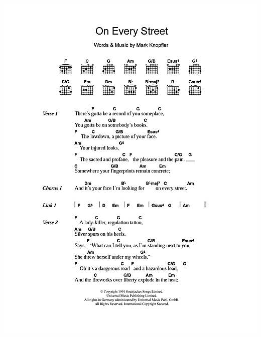 Dire Straits On Every Street sheet music notes and chords arranged for Guitar Tab