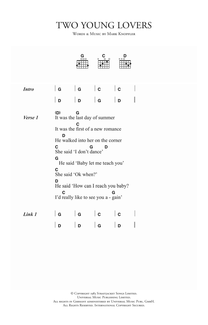 Dire Straits Two Young Lovers sheet music notes and chords arranged for Guitar Chords/Lyrics