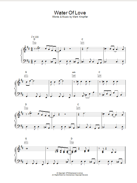 Dire Straits Water of Love sheet music notes and chords arranged for Piano, Vocal & Guitar Chords