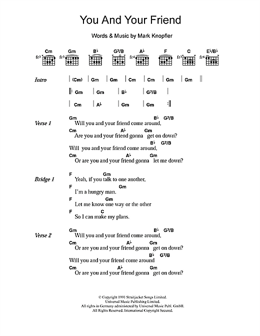 Dire Straits You And Your Friend sheet music notes and chords arranged for Guitar Chords/Lyrics