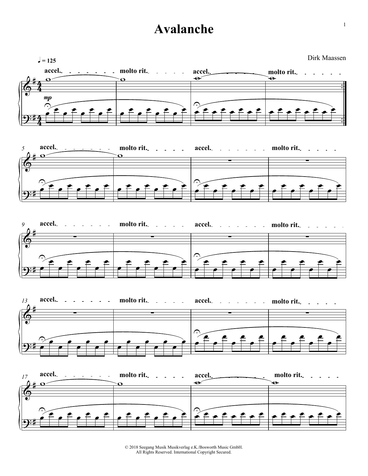 Dirk Maassen Avalanche sheet music notes and chords arranged for Piano Solo