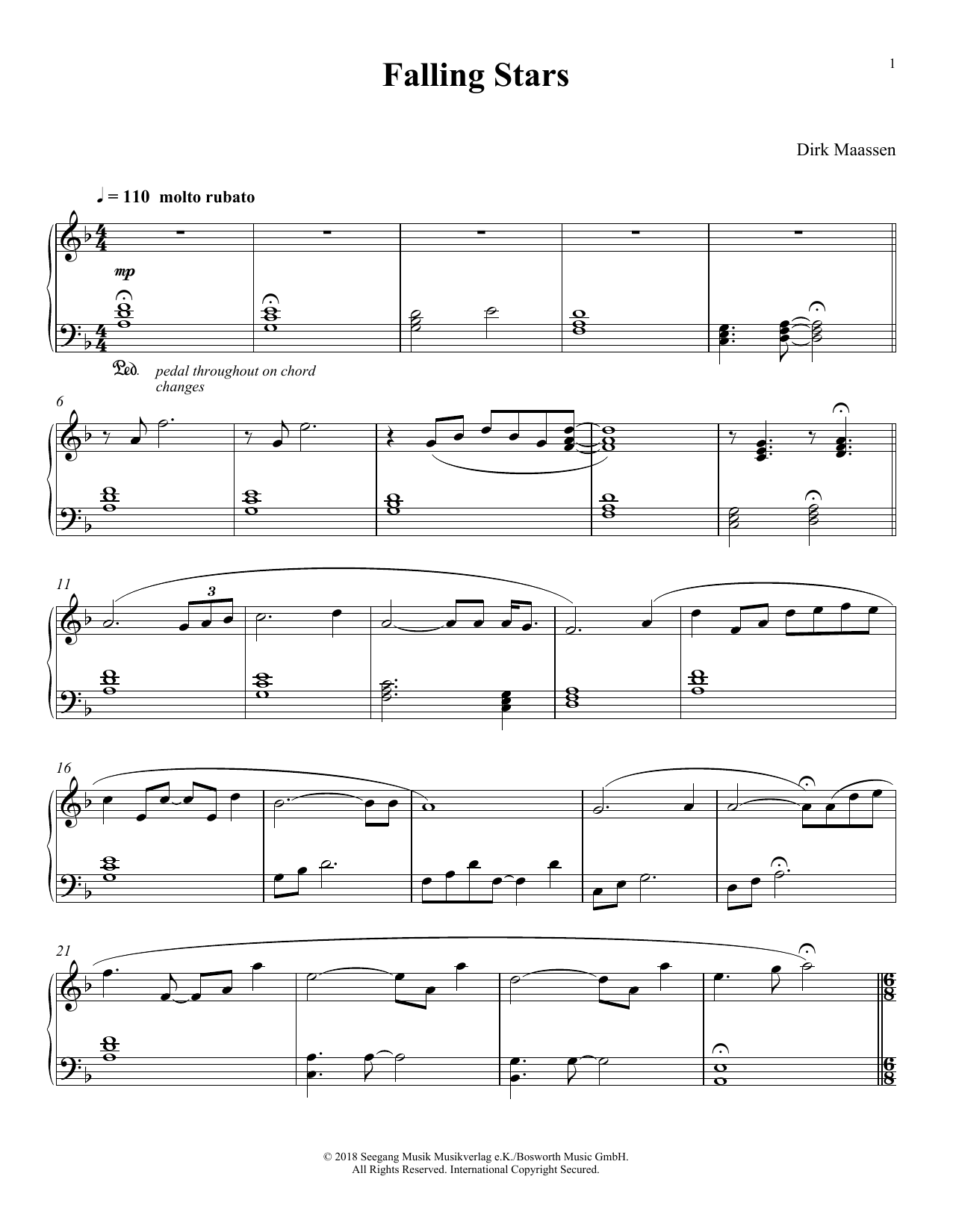Dirk Maassen Falling Stars sheet music notes and chords arranged for Piano Solo