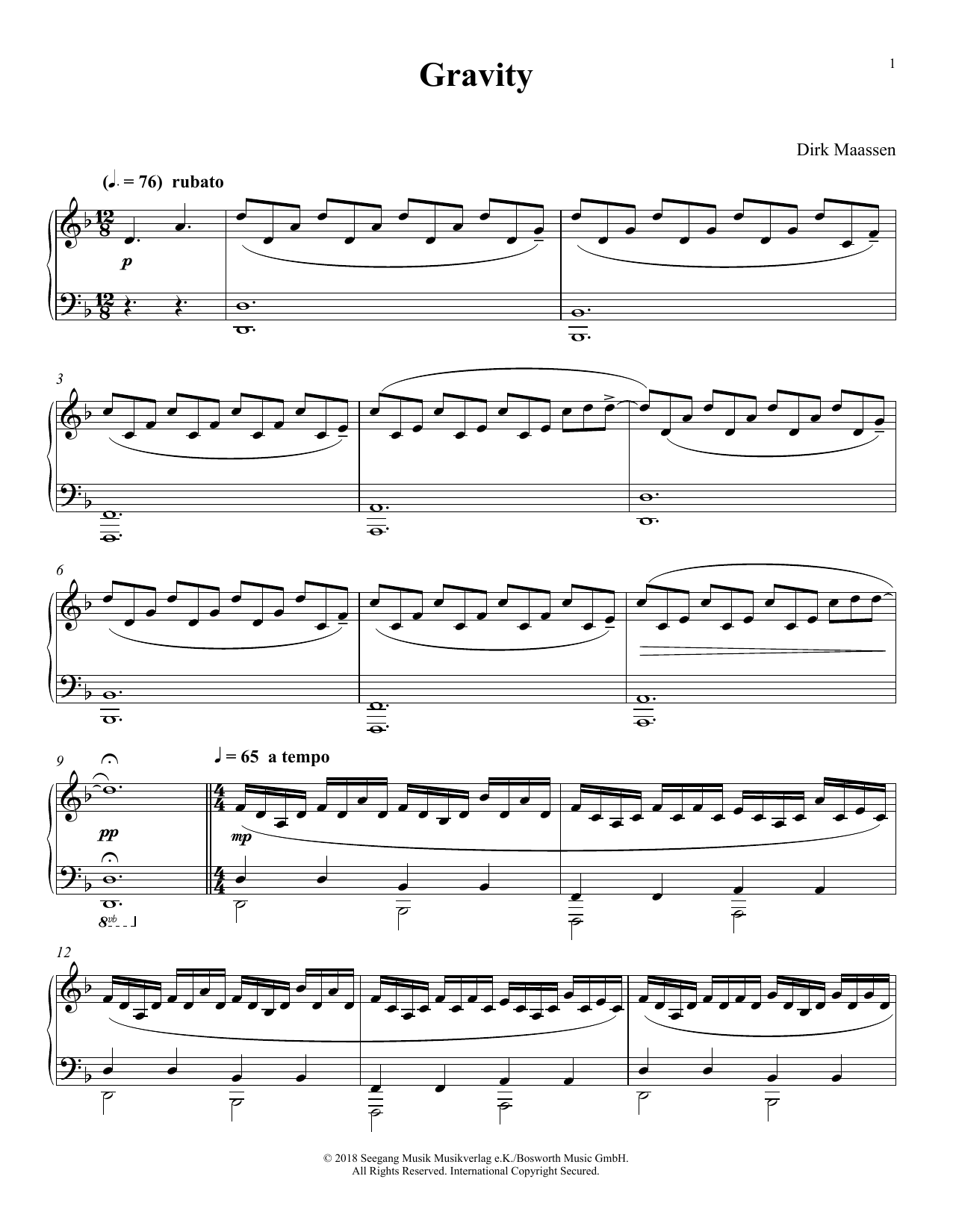 Dirk Maassen Gravity sheet music notes and chords arranged for Piano Solo