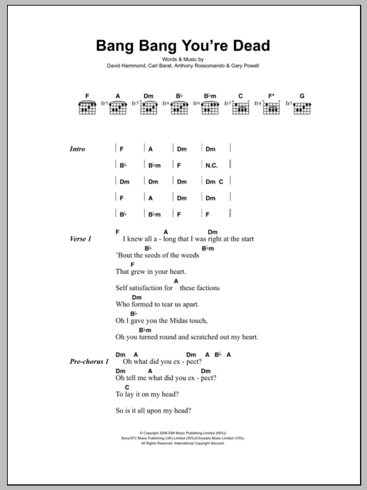 Dirty Pretty Things Bang Bang You're Dead sheet music notes and chords arranged for Guitar Chords/Lyrics