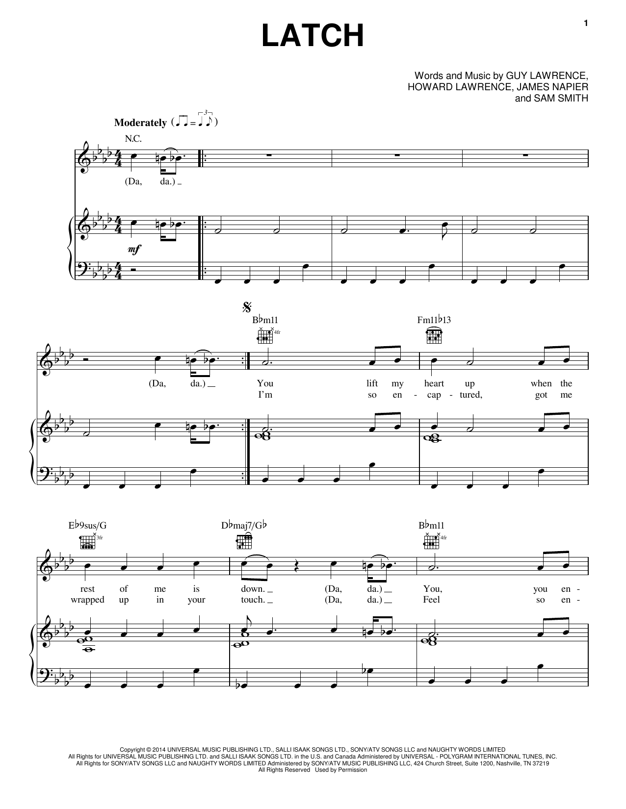 Disclosure featuring Sam Smith Latch sheet music notes and chords arranged for Piano, Vocal & Guitar Chords (Right-Hand Melody)