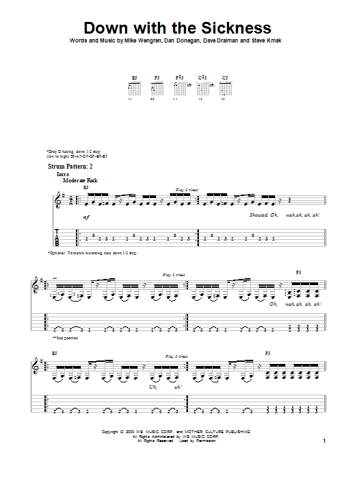 Disturbed Down With The Sickness sheet music notes and chords arranged for Guitar Tab (Single Guitar)
