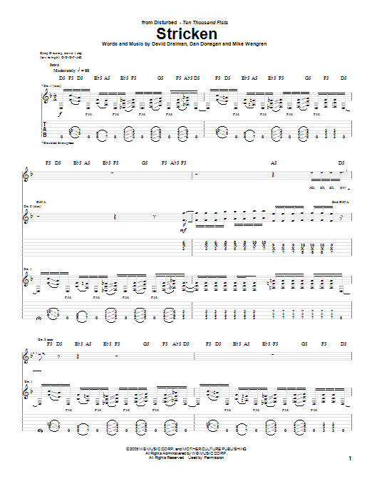 Disturbed Stricken sheet music notes and chords arranged for Bass Guitar Tab