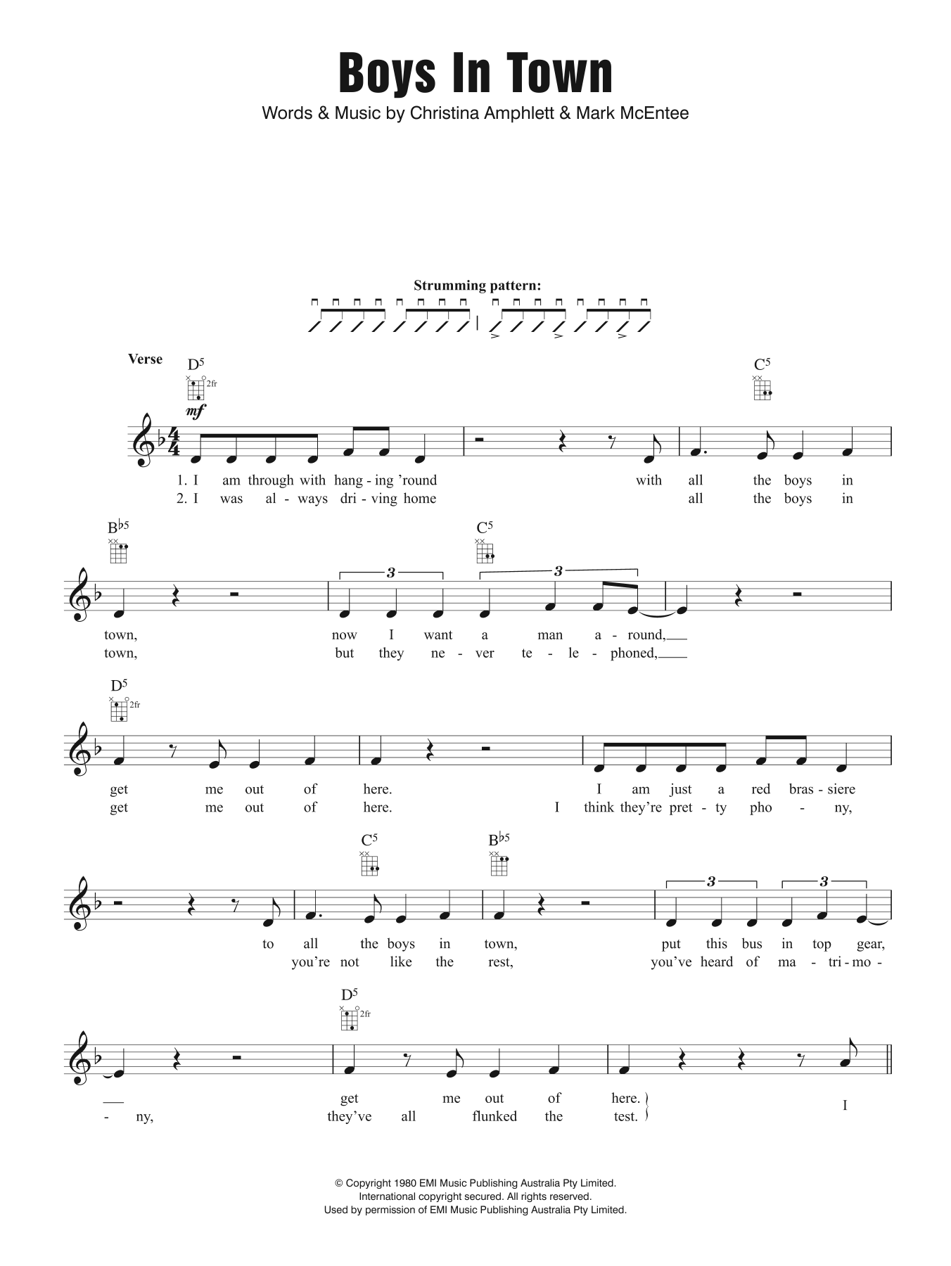 Divinyls Boys In Town sheet music notes and chords arranged for Ukulele