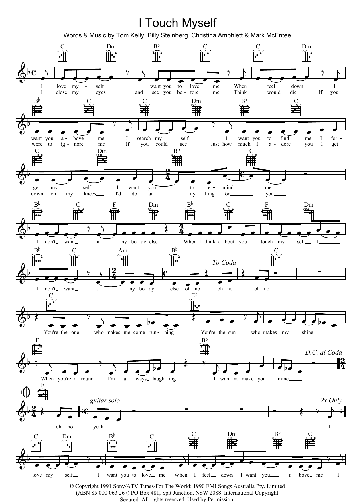 Divinyls I Touch Myself sheet music notes and chords arranged for Easy Piano