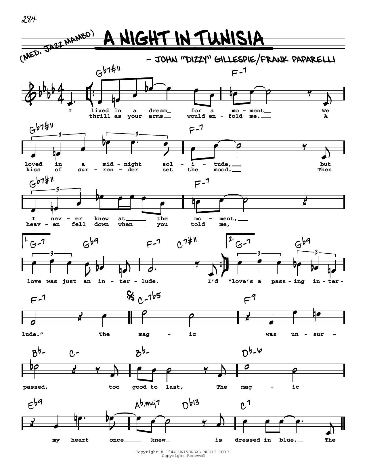 Dizzy Gillespie A Night In Tunisia (High Voice) sheet music notes and chords arranged for Real Book – Melody, Lyrics & Chords