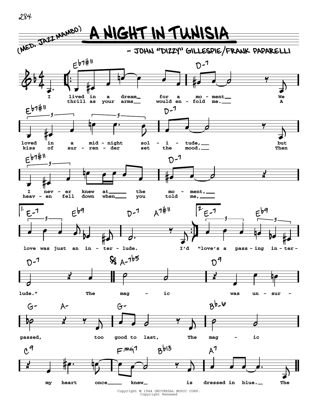 Dizzy Gillespie A Night In Tunisia (Low Voice) sheet music notes and chords arranged for Real Book – Melody, Lyrics & Chords