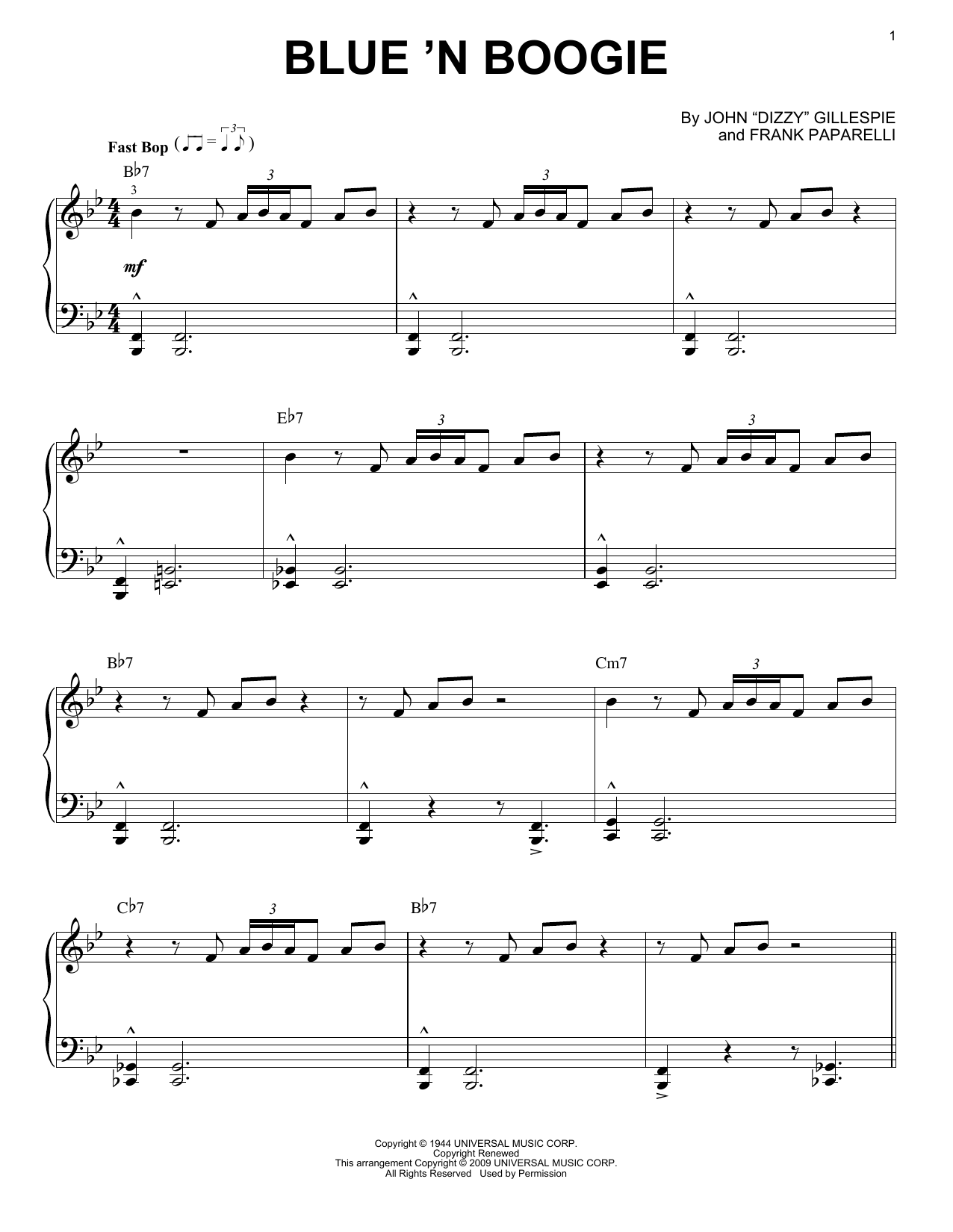 Dizzy Gillespie Blue 'N Boogie [Jazz version] sheet music notes and chords arranged for Piano Solo