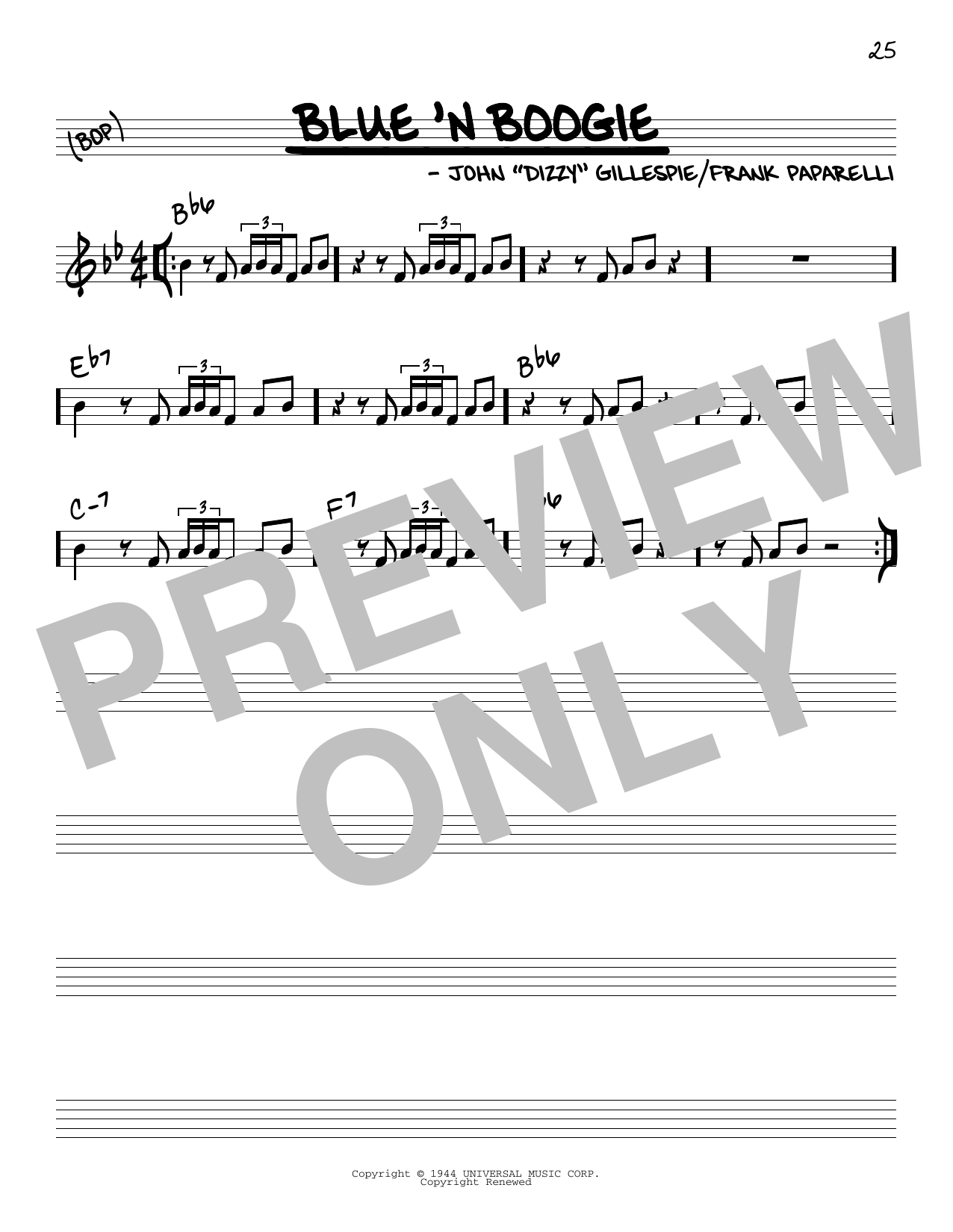 Dizzy Gillespie Blue 'N Boogie sheet music notes and chords arranged for Real Book – Melody & Chords – C Instruments
