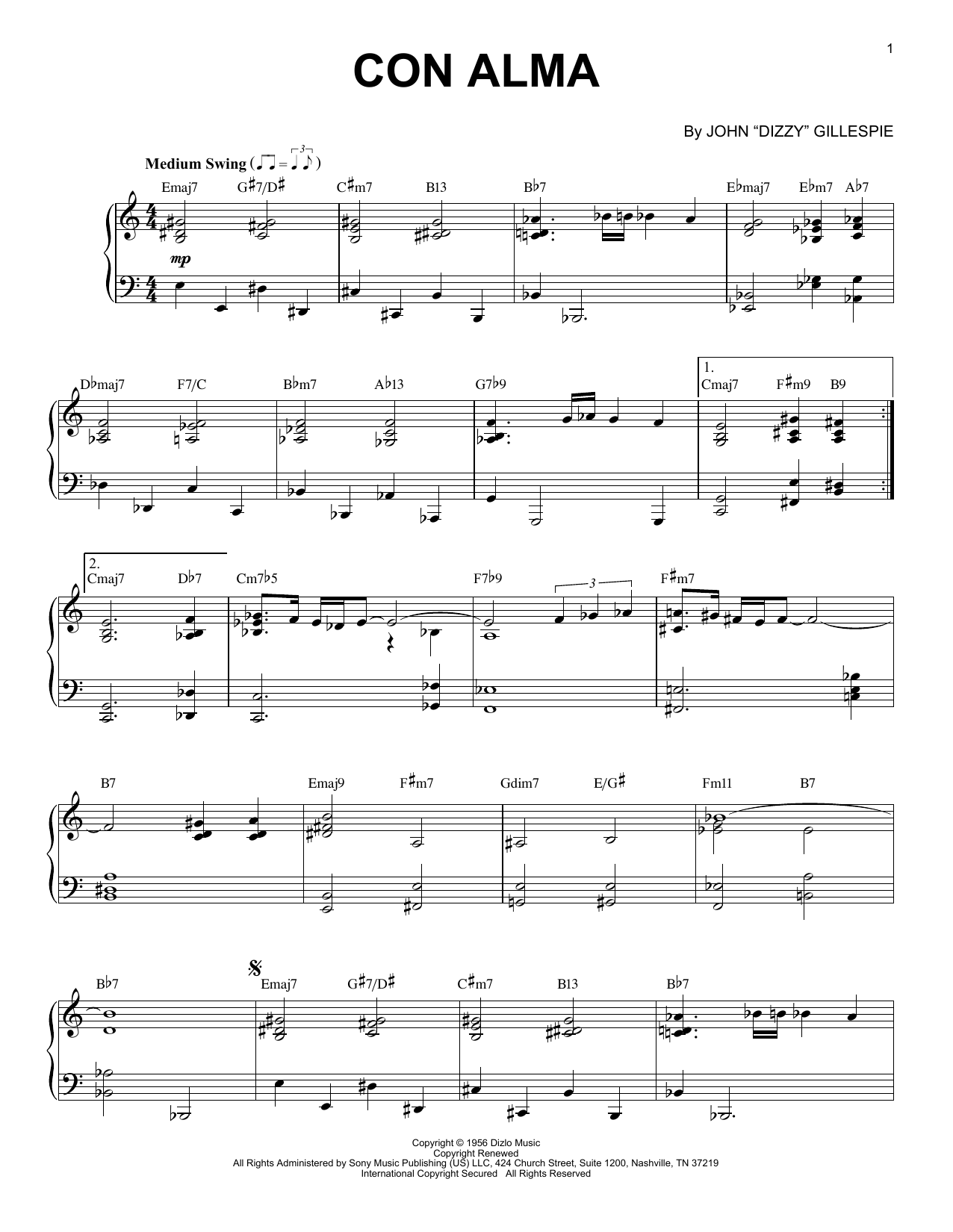 Dizzy Gillespie Con Alma (arr. Brent Edstrom & Jim Sodke) sheet music notes and chords arranged for Piano Solo