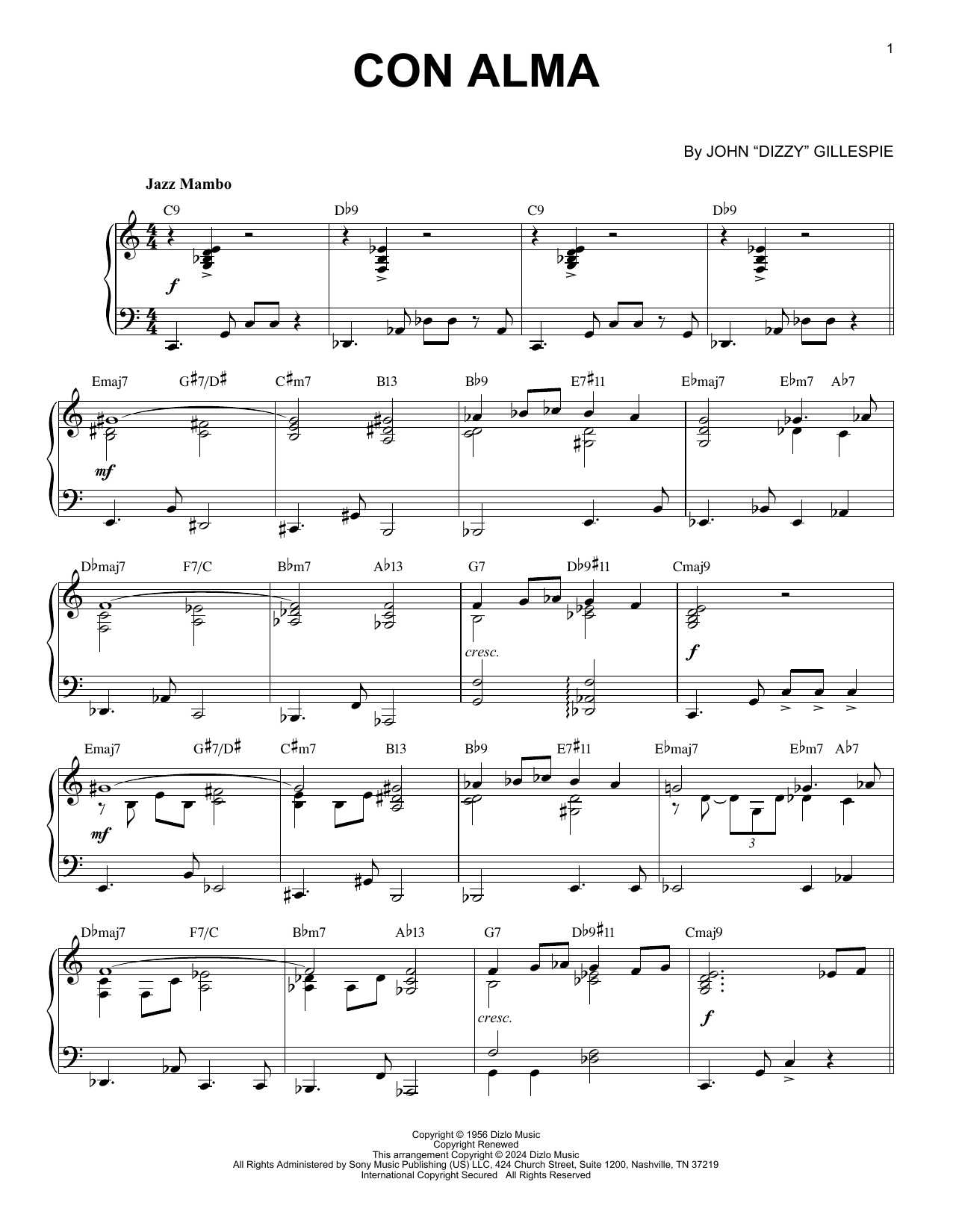 Dizzy Gillespie Con Alma (arr. Brent Edstrom) sheet music notes and chords arranged for Piano Solo