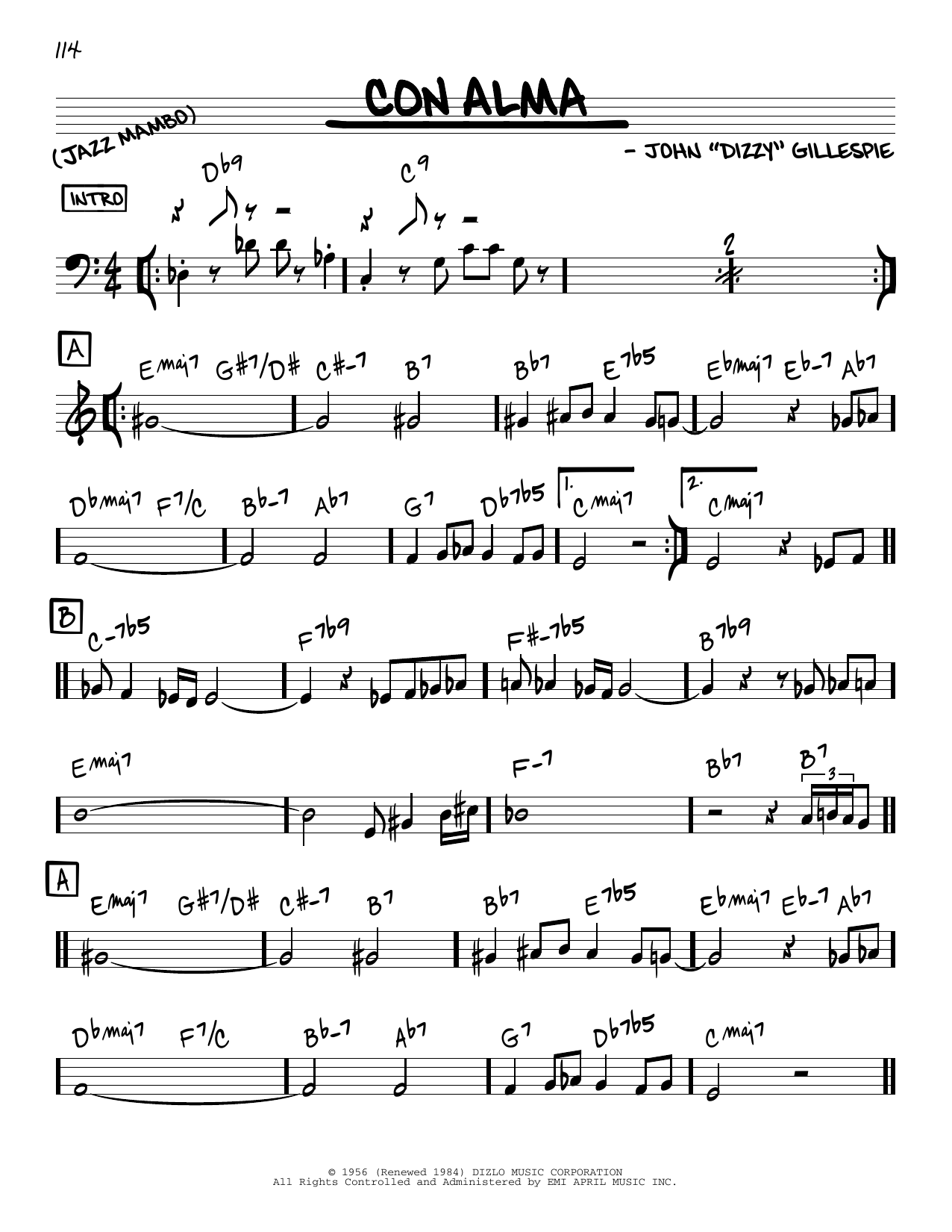 Dizzy Gillespie Con Alma sheet music notes and chords arranged for Real Book – Melody & Chords – Eb Instruments