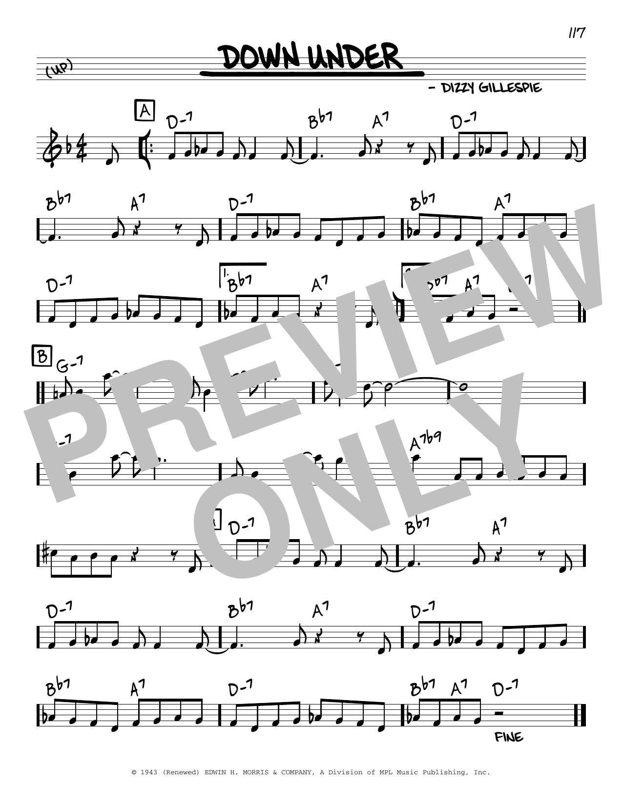 Dizzy Gillespie Down Under sheet music notes and chords arranged for Real Book – Melody & Chords
