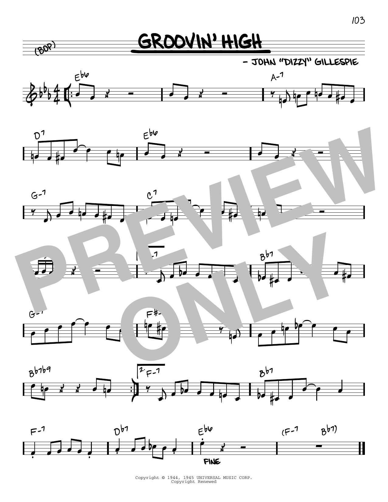 Dizzy Gillespie Groovin' High sheet music notes and chords arranged for Real Book – Melody & Chords – Eb Instruments