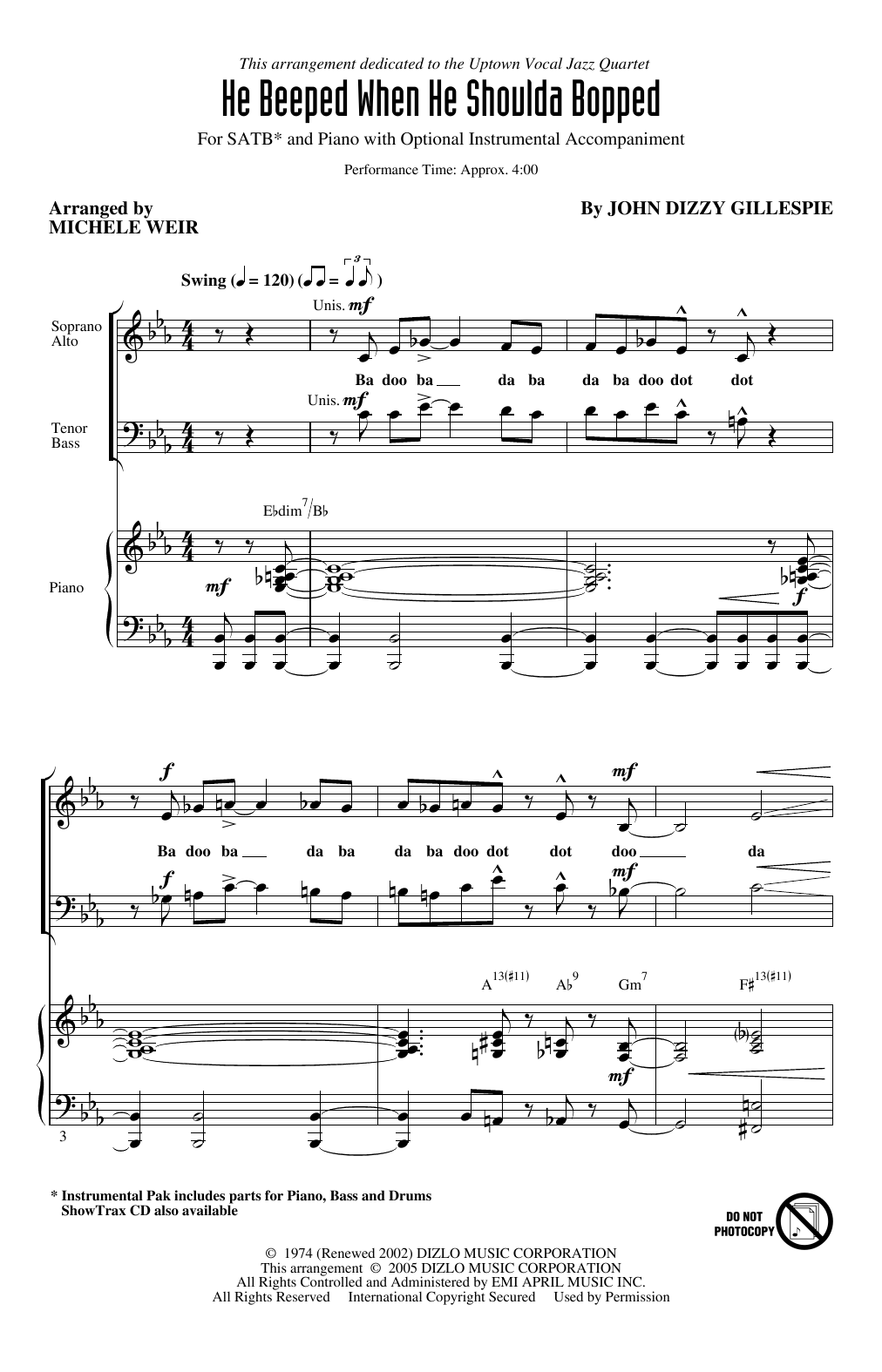 Dizzy Gillespie He Beeped When He Shoulda Bopped (arr. Michele Weir) sheet music notes and chords arranged for 2-Part Choir