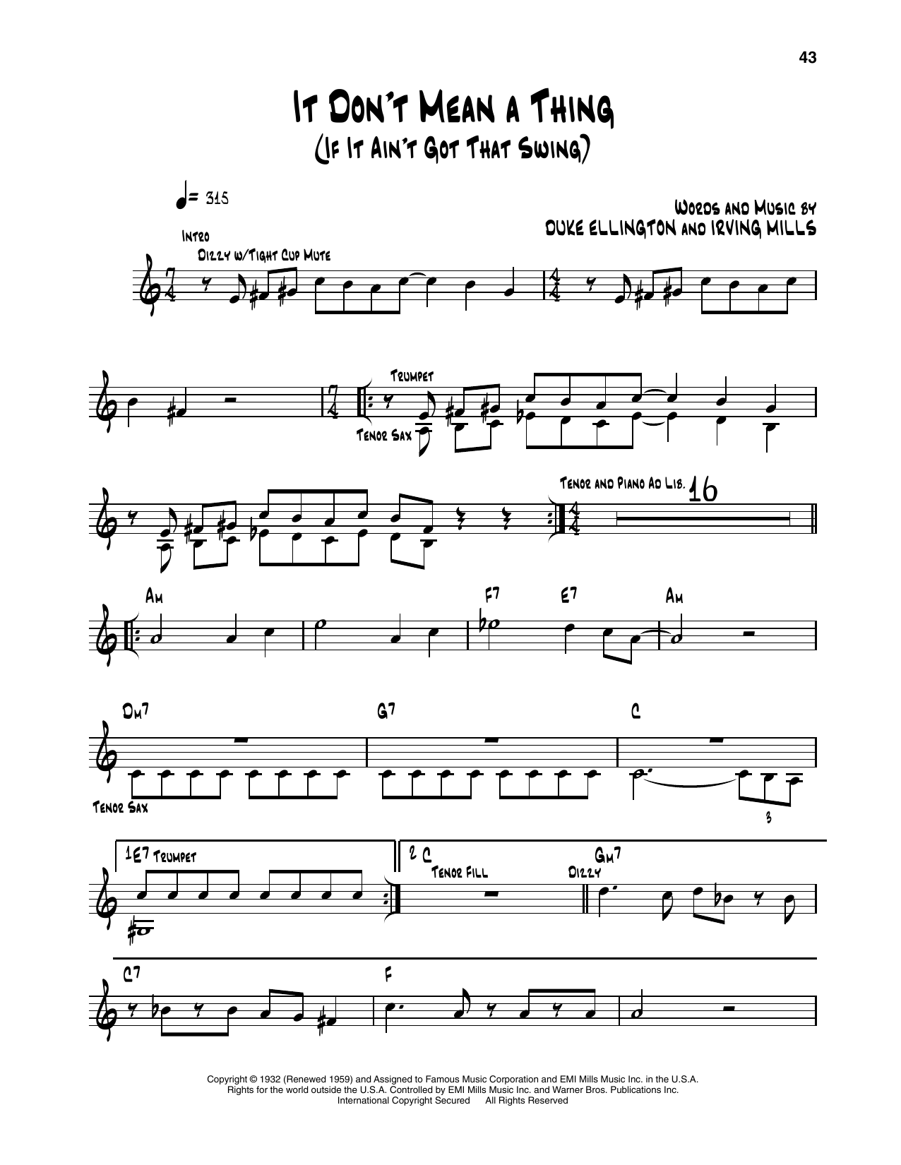 Dizzy Gillespie It Don't Mean A Thing (If It Ain't Got That Swing) sheet music notes and chords arranged for Trumpet Transcription