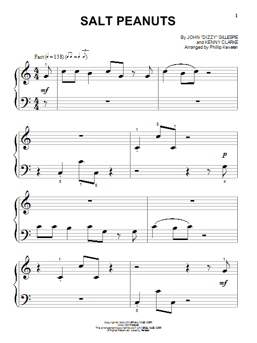 Dizzy Gillespie Salt Peanuts (arr. Phillip Keveren) sheet music notes and chords arranged for Big Note Piano