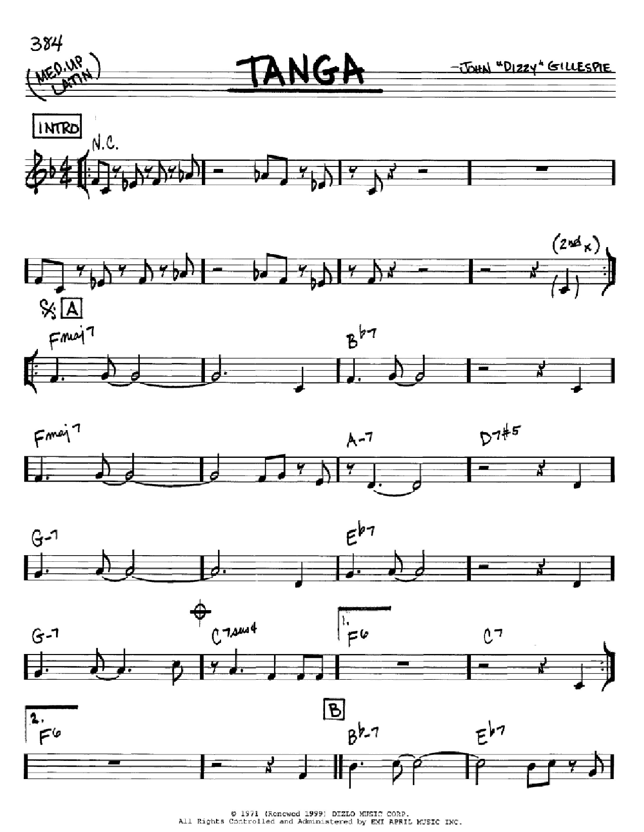 Dizzy Gillespie Tanga sheet music notes and chords arranged for Real Book – Melody & Chords – C Instruments