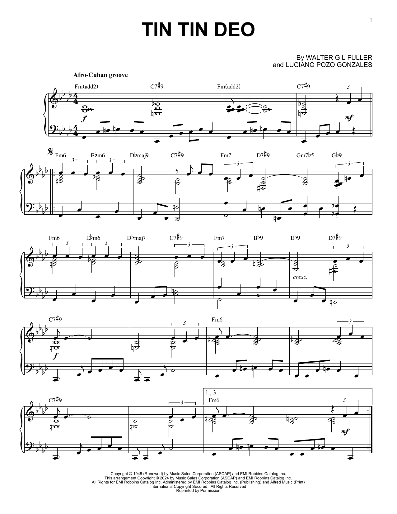 Dizzy Gillespie Tin Tin Deo (arr. Brent Edstrom) sheet music notes and chords arranged for Piano Solo
